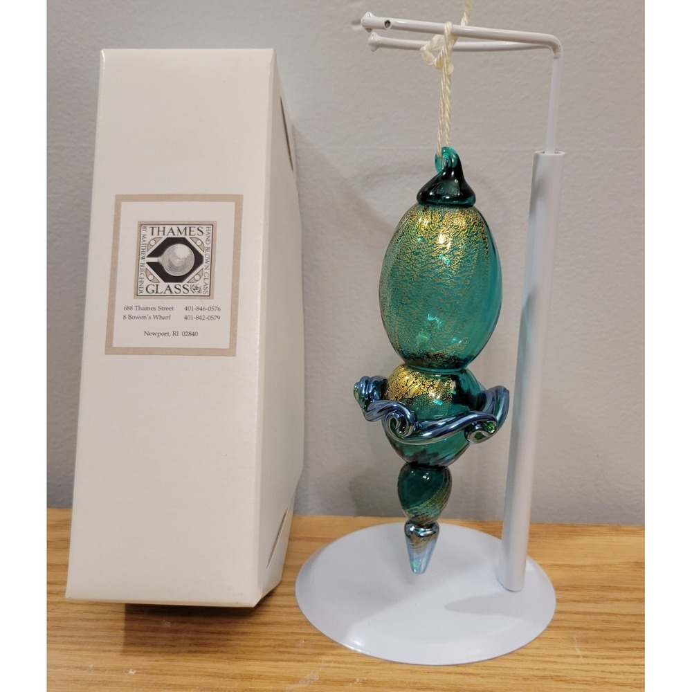 Vintage Thames Glass Matthew Buechner Hand Blown Finial Ornament Teal Gold Leaf